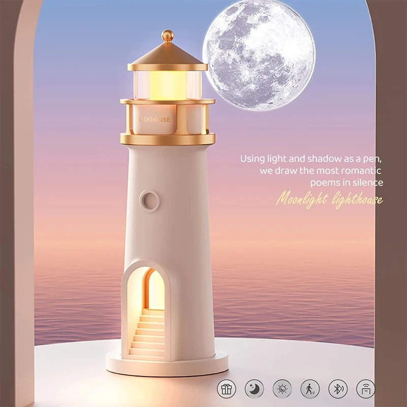 Lighthouse Ambient Night Light with Moon Projection - Bluetooth Speaker & Motion Sensor