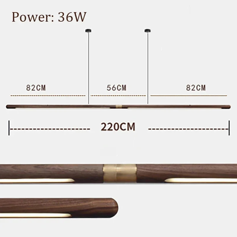 Minimalist Black Walnut Hanging Pendant Light Solid Wood Dining Lamp LED Long Strip Indoor Lighting for Living Room Kitchen Deco