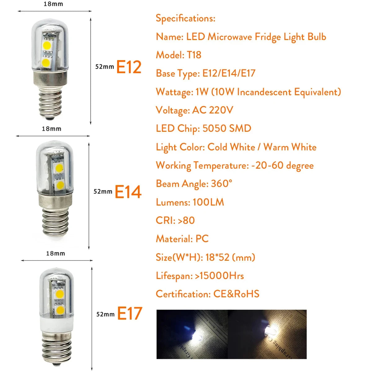 E12 E14 E17 LED Fridge Light Bulb - 220V Refrigerator Corn Lamp