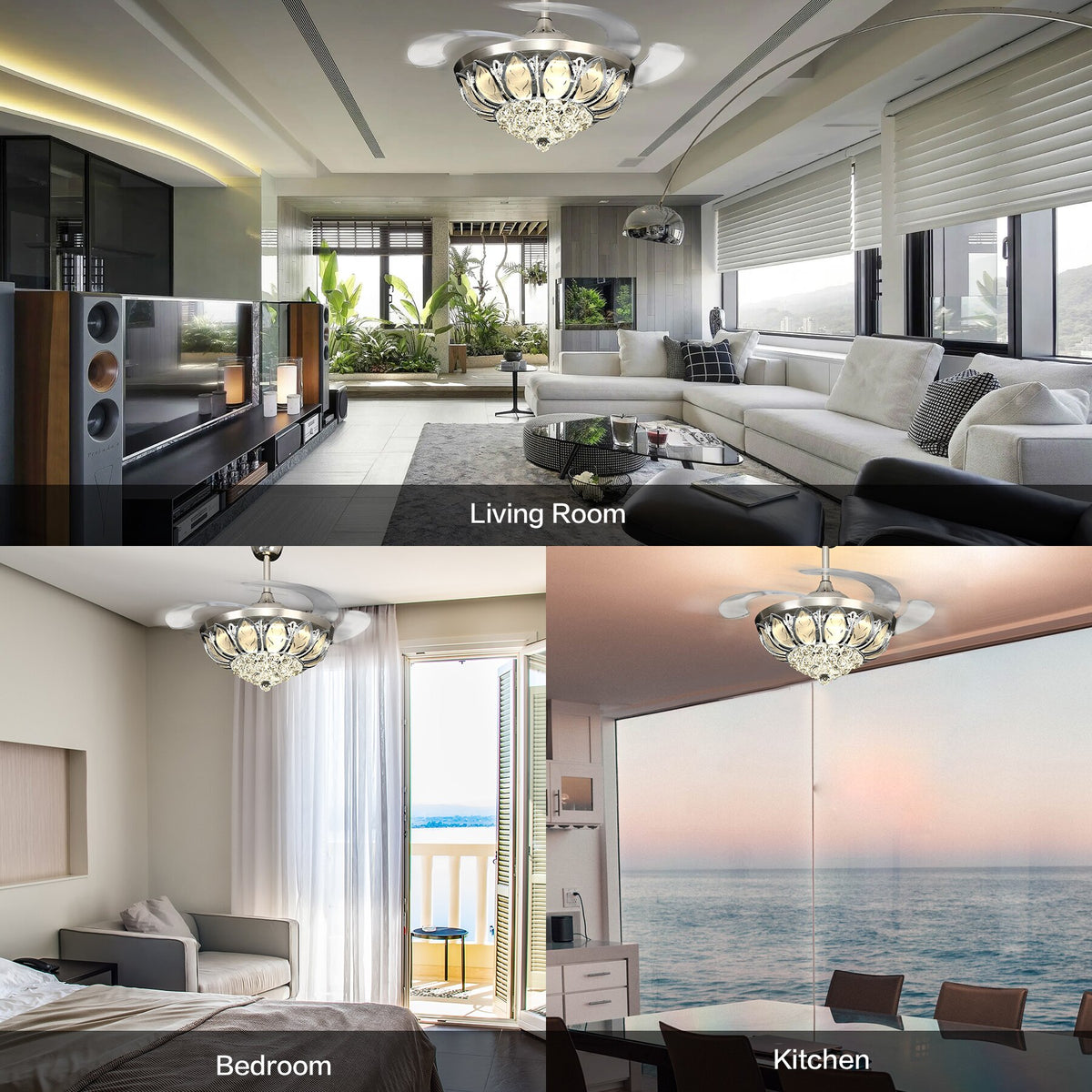 Crystal Ceiling Lamp Fan Light LED Chandelier Pendant Light With 4 Invisible Retractable Blades Remote Control