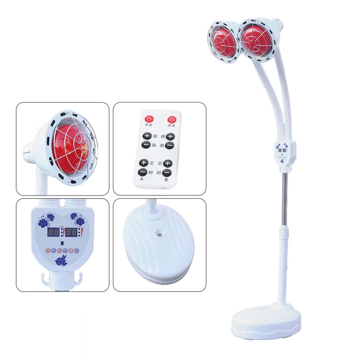 Red Light Therapy LED Electric Infrared Baking Lamp 275W Double-head 360° Adjustable Temperature Heat Lamp Remote Control With Rotating Pulley Base