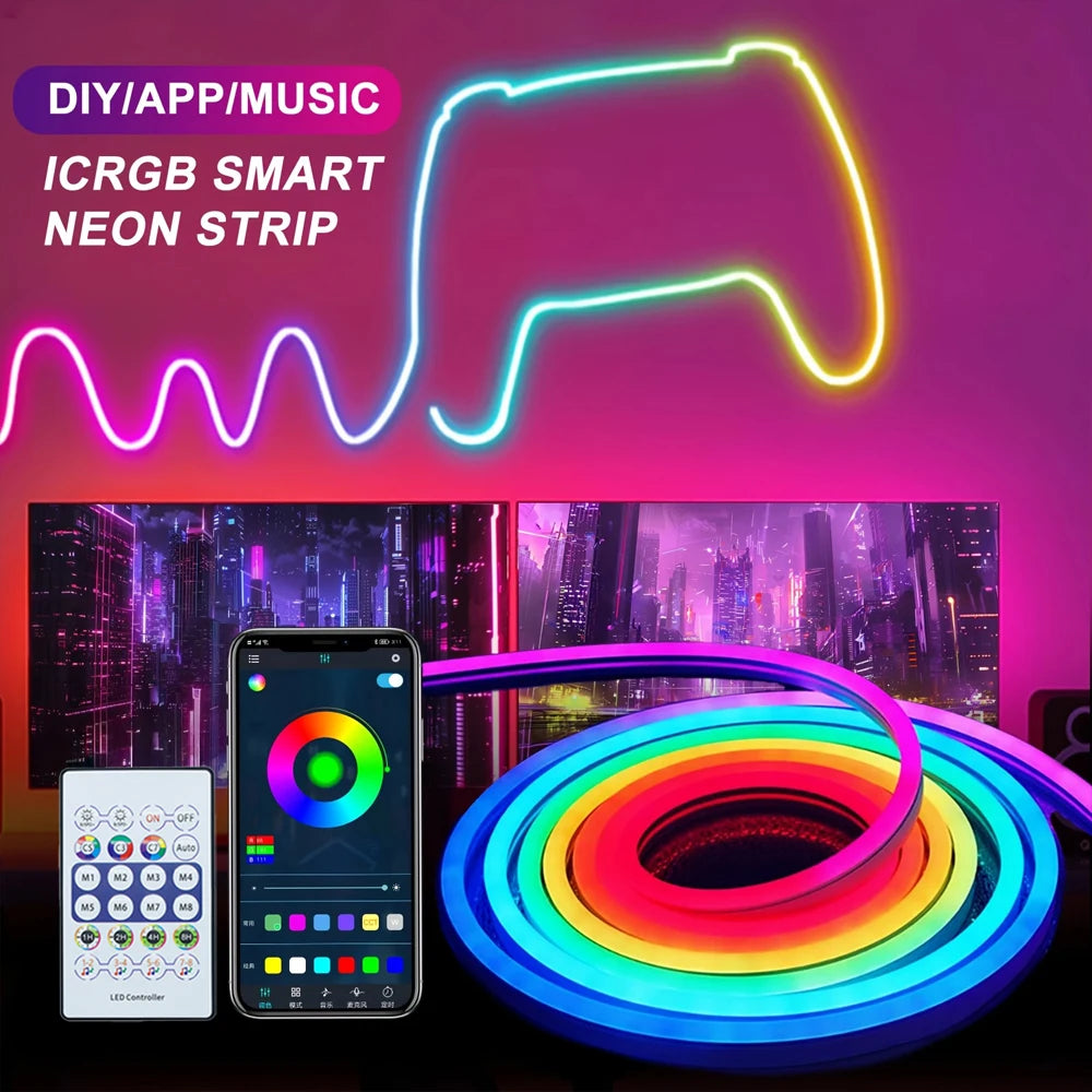 5V USB RGBIC Neon LED Strip Light with Bluetooth App Control & Music Sync - Flexible Waterproof Tape