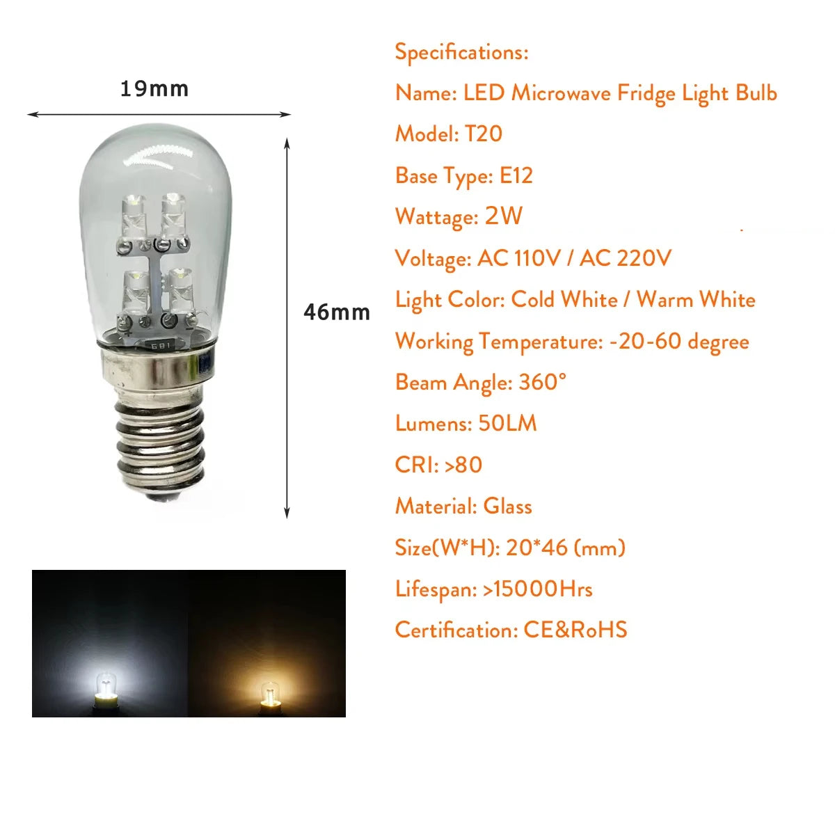 2W E12 LED Corn Light Bulb (110V/220V, 360° Beam) - Warm White 3000K & Cool White Appliance Bulb for Refrigerator & Sewing Machine