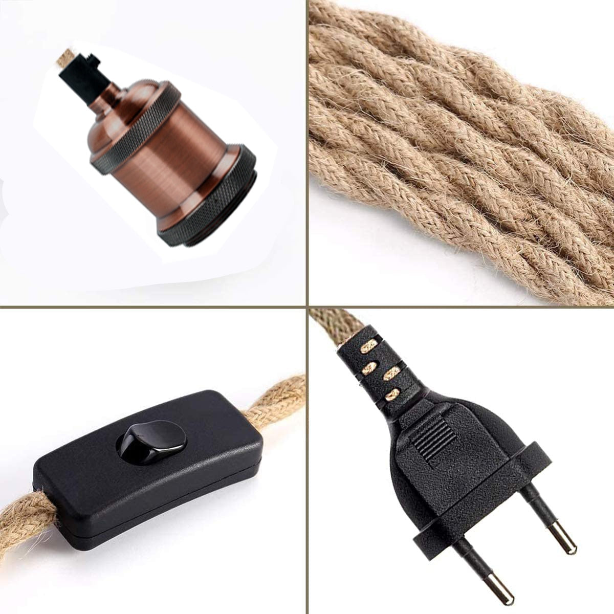 Power Cord Pendant Light Twist Hemp Rope Cables E26 E27 Lamp Holder EU Plug with Switch Wire Edison Bulb Socket Cord Cable