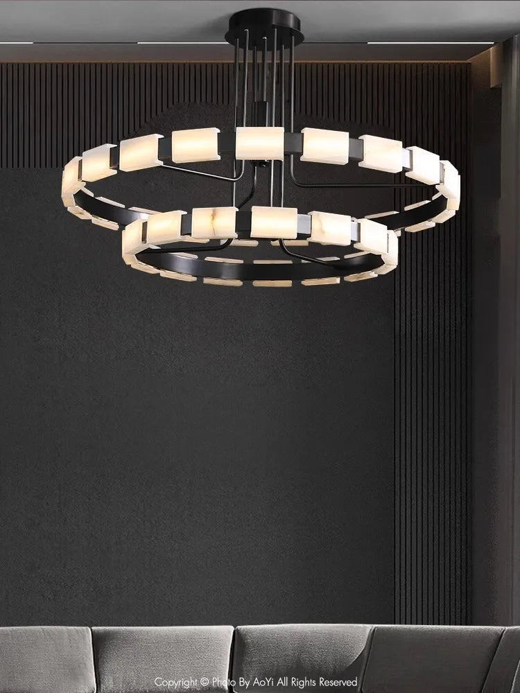 Modern Large Real Natural Marble Chandelier Black Led Home Decoration Villa Ceiling Marble Hanging Lamps Big 2024 Luster&#39;s
