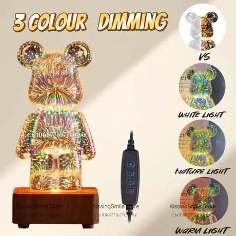 3D Fireworks Bear Lamp USB Led Night Light Bedroom Decoration Cute Table Desk Projection Atmosphere 7 Color Changeable Kid Gift