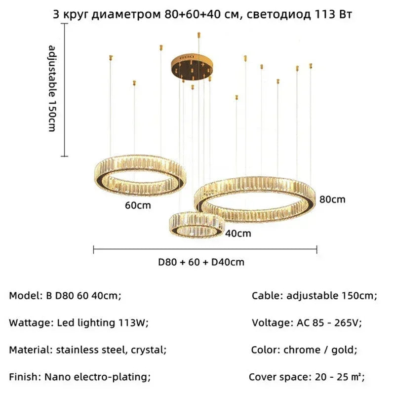 Luxury Design Gold Crystal LED Chandelier K9 Crystal Dimmable Pendant Light for Living Room Bedroom Hotel Villa Decor
