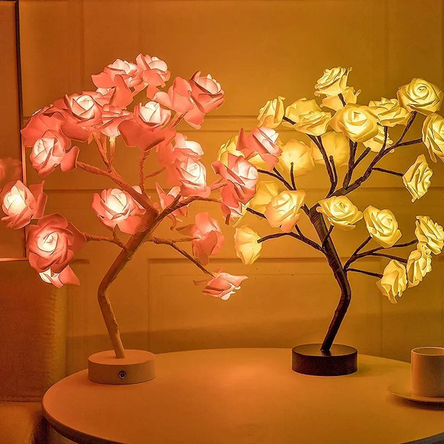 Novelty 24 LED Rose Flower Tree Lights USB Table Lamp Fairy Night Lamp Home Party Christmas Wedding Bedroom Decoration Gift