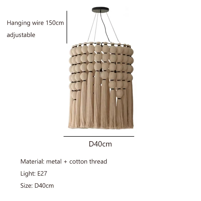 Nordic Wabi Sabi Minimalist Handmade Cotton Rope Bosnian Tassel Chandelier Living Dining Room Bedroom Pendant Light Lamp Fixture
