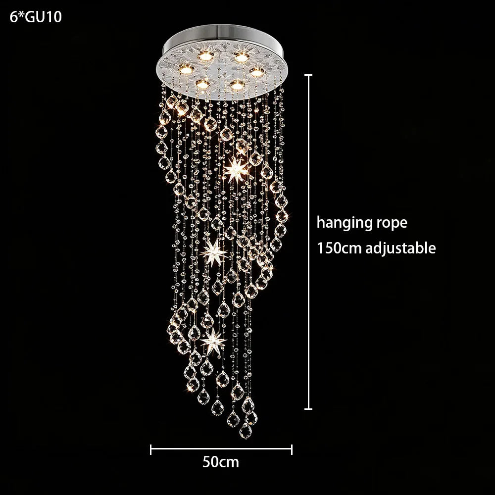 Luxury Spiral K9 Crystal Pendant Light Long Star Crystal Chandelier For Duplex Stairwell Villa Entrance Indoor LED Lighting
