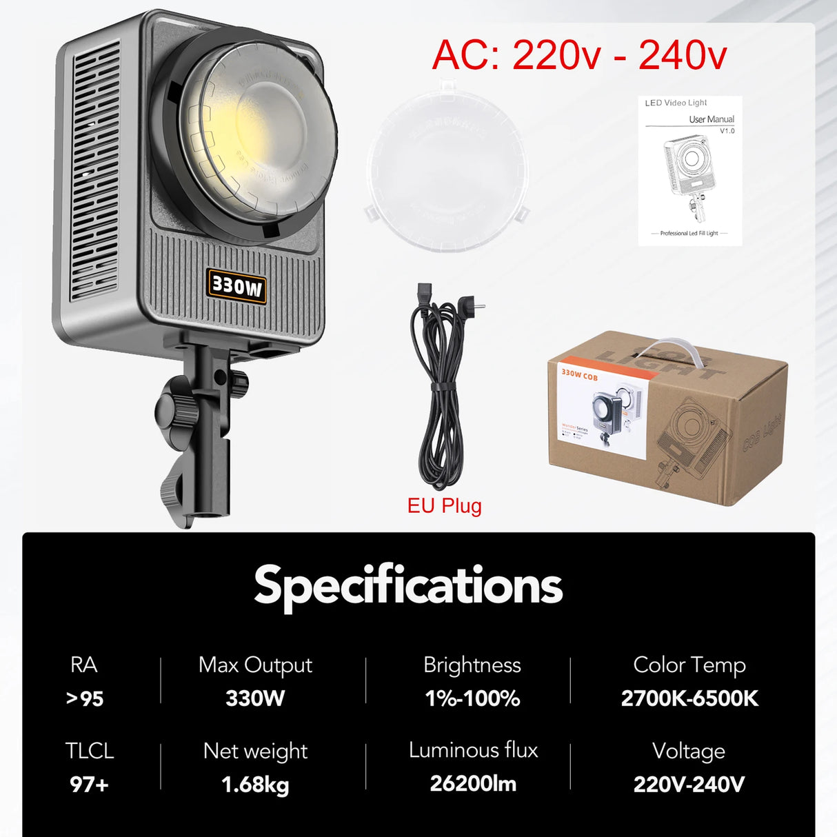 330W LED Video Light - 2700K-6500K Bi-Color Spotlight with Bowens Mount