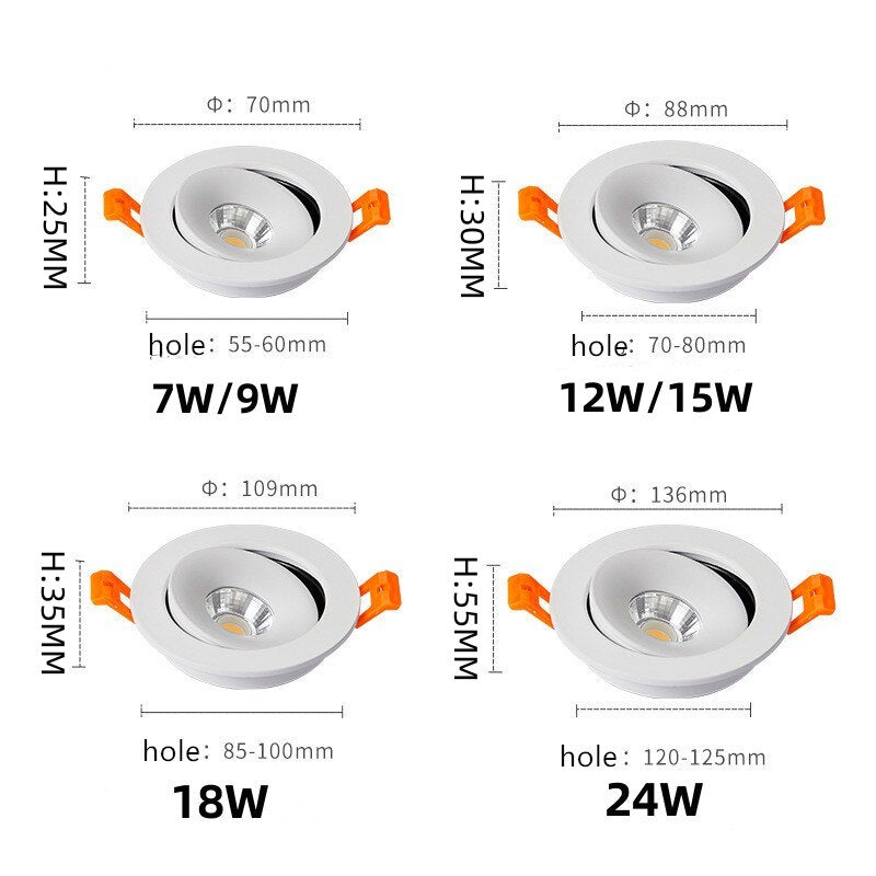 Round Shape 360 Angle Adjustable LED COB Recessed Downlight Black/White 9W 12W 15W LED Ceiling Spot Light Pic Background Focos