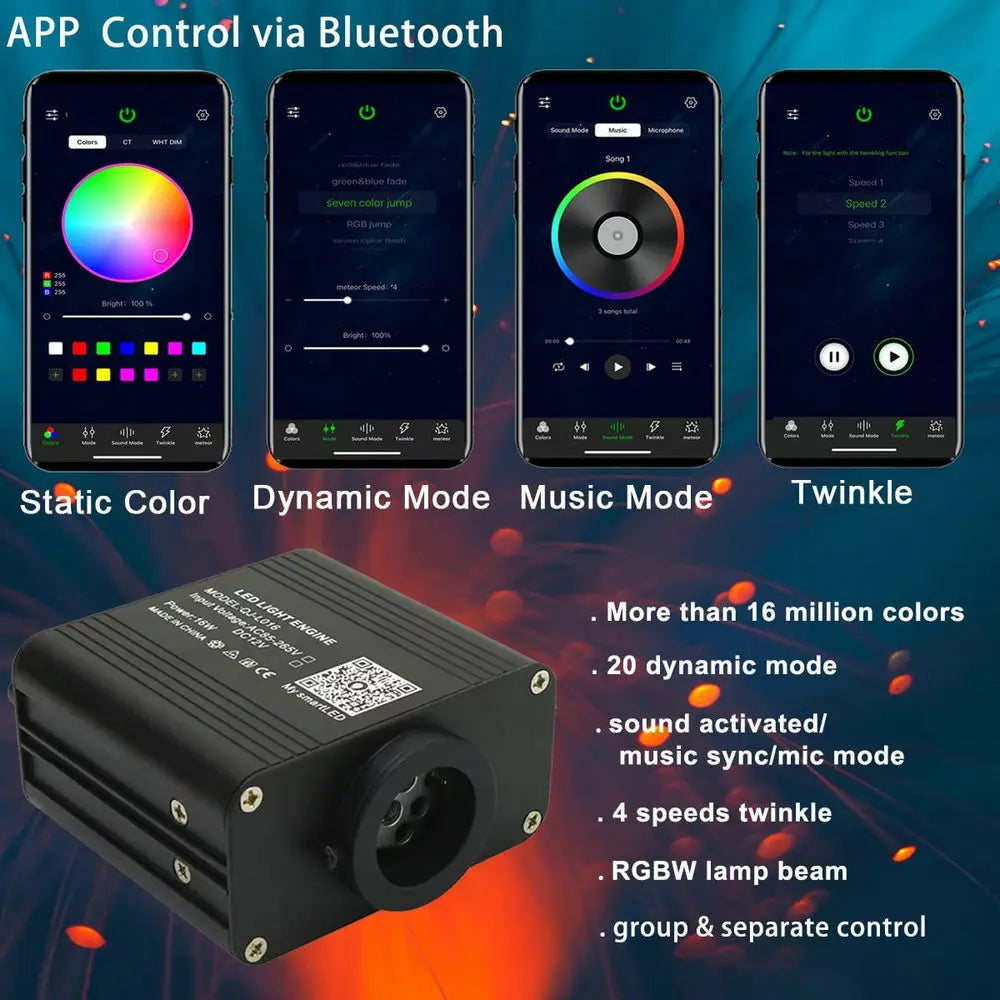 16W Twinkle Starlight Headliner Kit - RGBW Fiber Optic Star Ceiling Light for Car & Home - Bluetooth App, Remote & Music Control