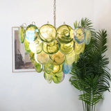Multicolor Murano Glass Disc Chandelier (French Vintage Style) - Handblown Art Glass Pendant Light Fixture for Living Room & Dining Room Decor