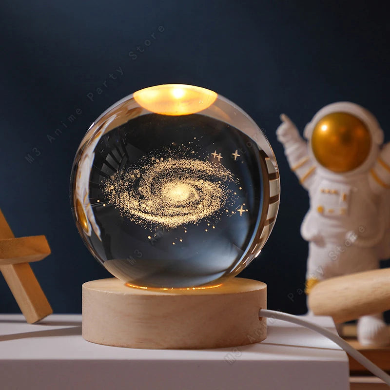 3D Crystal Ball LED Night Light (5cm) - Glowing Galaxy, Planets & Moon Bedside Lamp