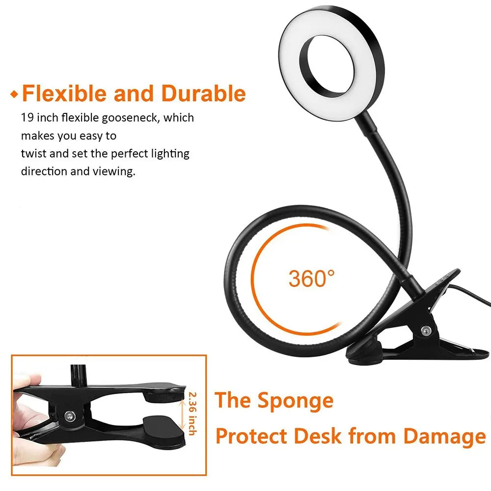 48 LEDs Desk Lamp Clip USB Book Light Bedside 360° Flexible Eye Protection Gooseneck Reading Light Brightness Adjustable 3 Level