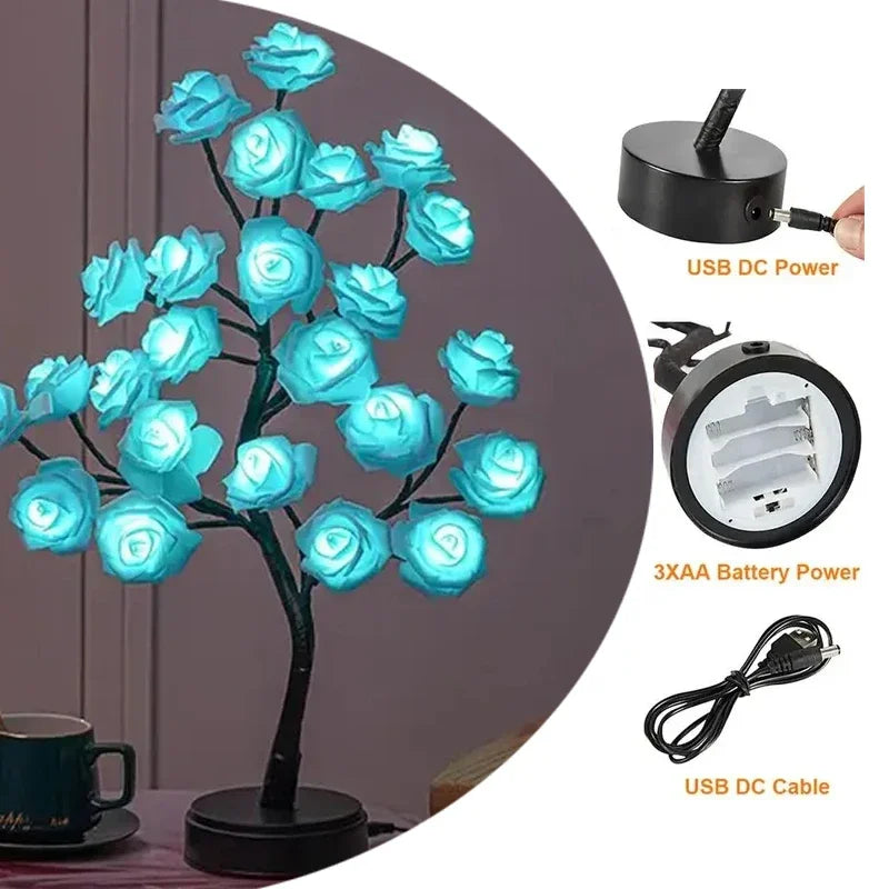 Novelty 24 LED Rose Flower Tree Lights USB Table Lamp Fairy Night Lamp Home Party Christmas Wedding Bedroom Decoration Gift