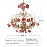 Pink Red Ceramic Rose Chandelier Luxury French Gold 5 Lights Chandelier Bedroom Lighting 6/8/10 Living Room Hanging Lights