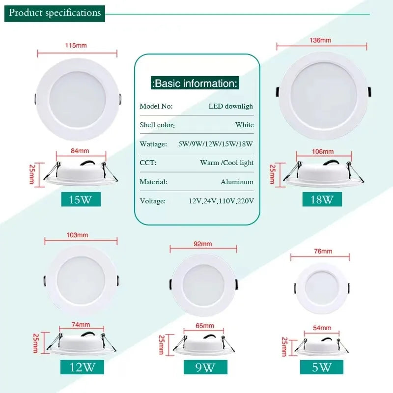 Led downlight 5W 9W 12W 15W 18W LED ceiling lamp 220V LED ceiling lamp embedded downlight circular LED spotlights room lighting