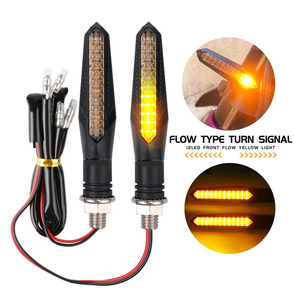 Flowing Water LED Motorcycle Turn Signals (2 Pcs) - 12-LED Amber Sequential Blinkers with Built-In Relay, 10mm Thread Universal Fit