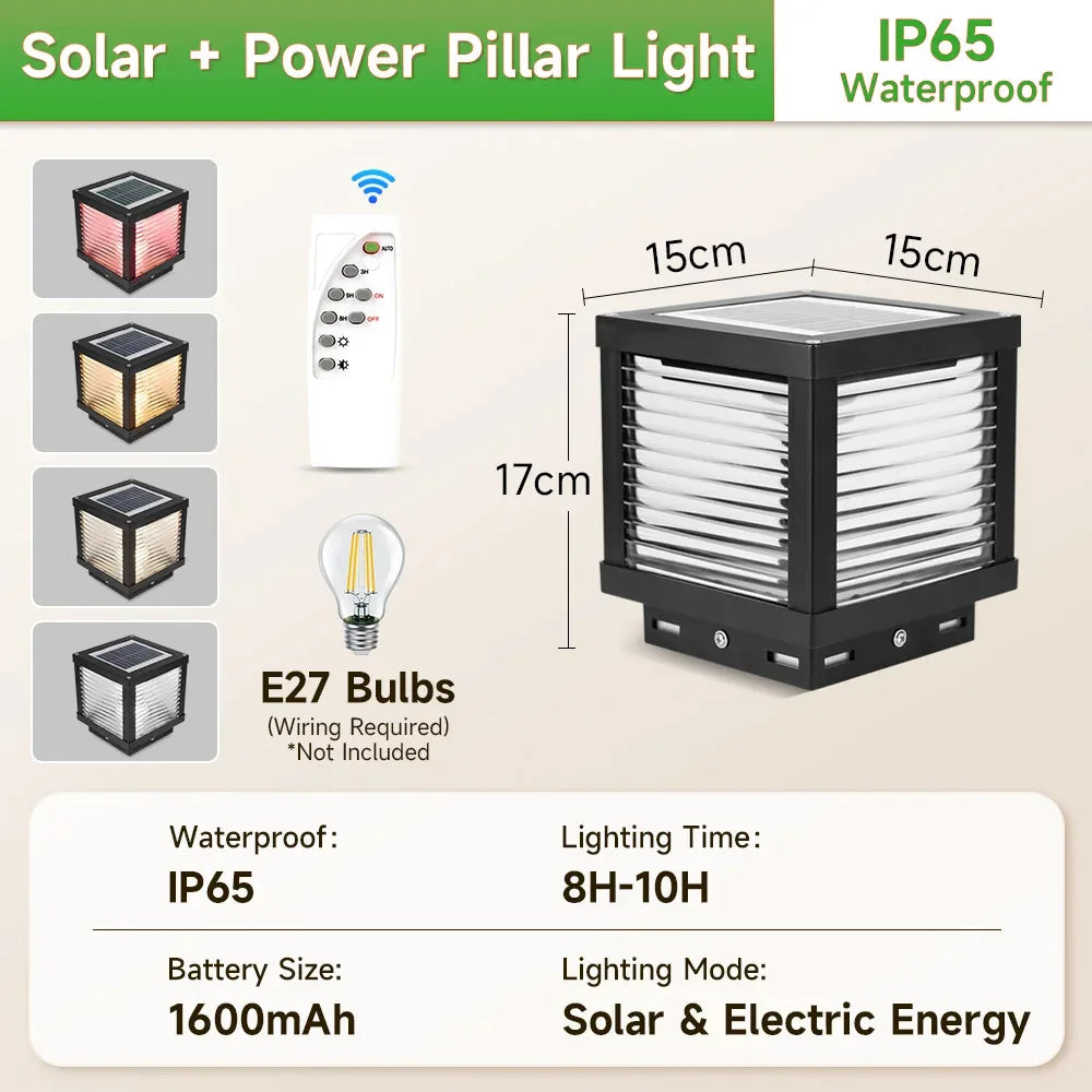 Outdoor LED Solar Pillar Light - Waterproof Dual-Power Fence Post Lamp
