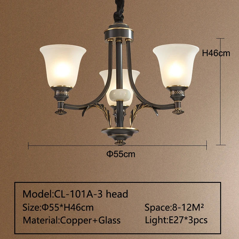Solid Brass Chandelier with Glass Shades - 3-Color LED Luxury Dining Room Light