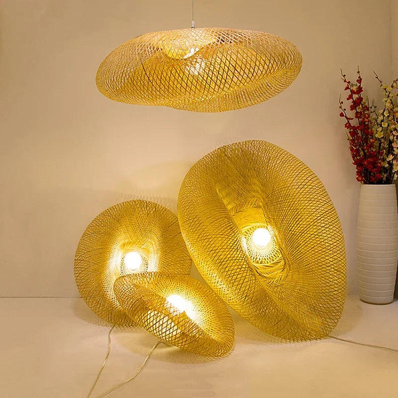 Handmade Bamboo Weaving LED Pendant - Vintage Rattan Hanging Chandelier
