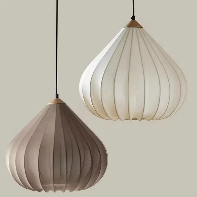 French Minimalist Onion-Shape Fabric Pendant Light - Wabi-Sabi Cloth Shade Ceiling Lamp Fixture for Living Room, Bedroom, Cafe & Kitchen