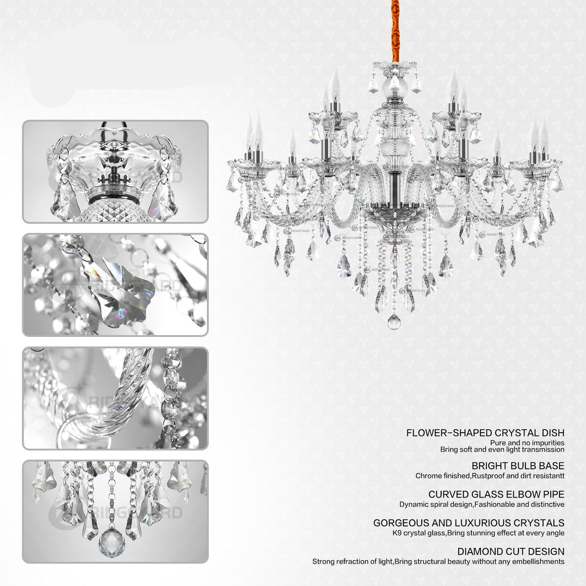 Luxurious Crystal Chandelier Lights 15 Arms K9 Crystal Ceiling Pendant E12 Lamps For Home Living Room Hotel Lobby