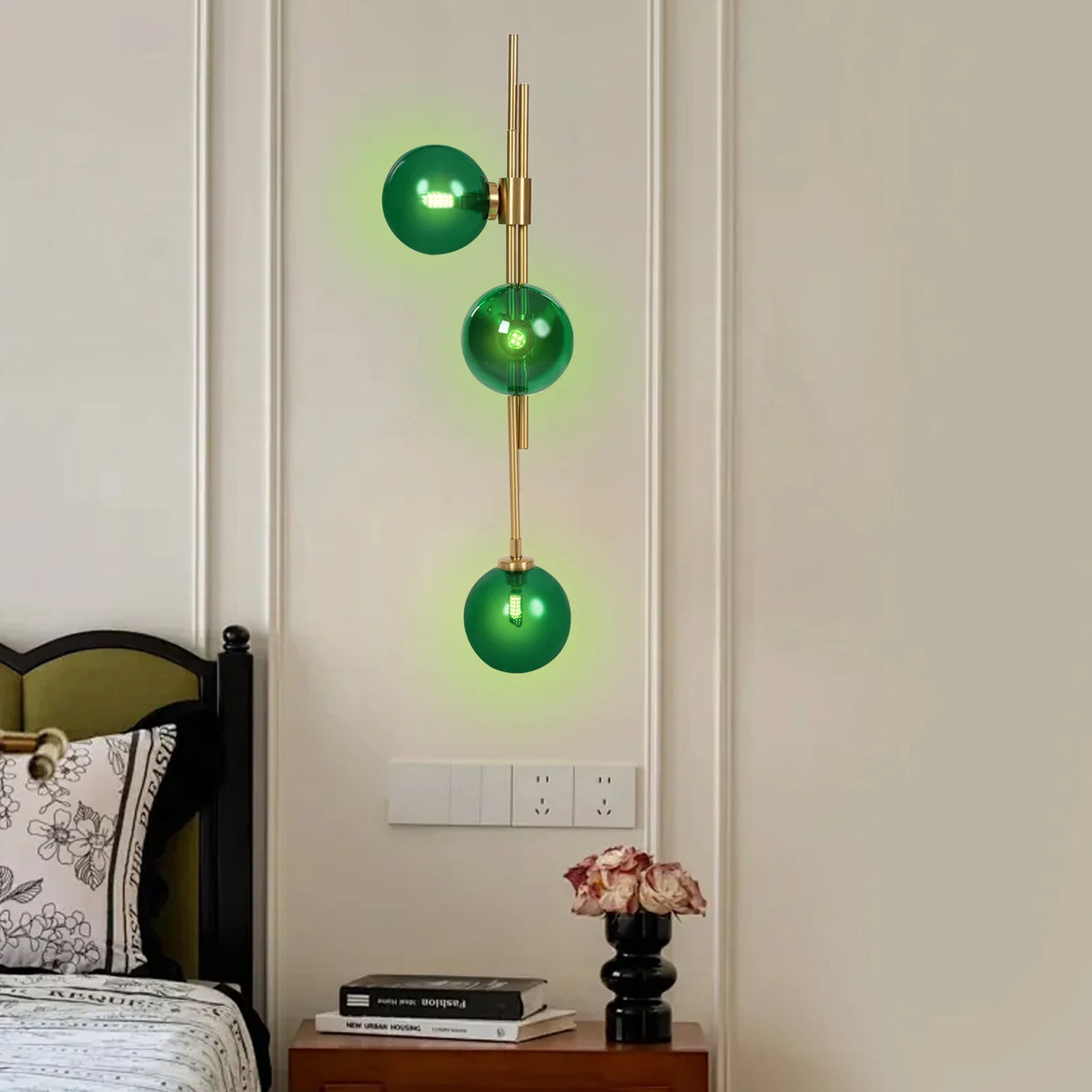 Emerald Green Glass Wall Lamp with Gold Finish, 3 G9 LED Bulbs Included 2700K Warm Light for Bedroom Living Room, Indoor Wall