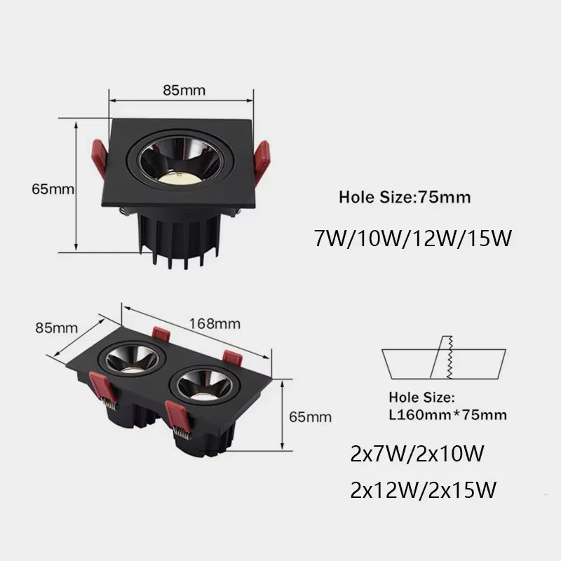 Recessed LED Ceiling Lamp Angle Adjustable 7W 24W Single/Double Head LED Spot lights Anti-Glare Downlight For Home Office Store