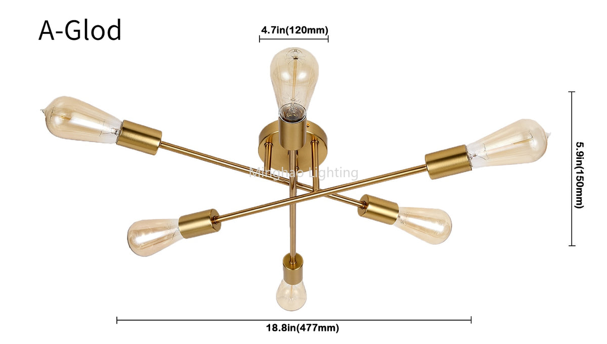 Dropshipping Modern Sputnik Chandelier Nordic Semi Flush Mount Ceiling Lamp Brushed Antique Gold Home Decor Lighting Fixture