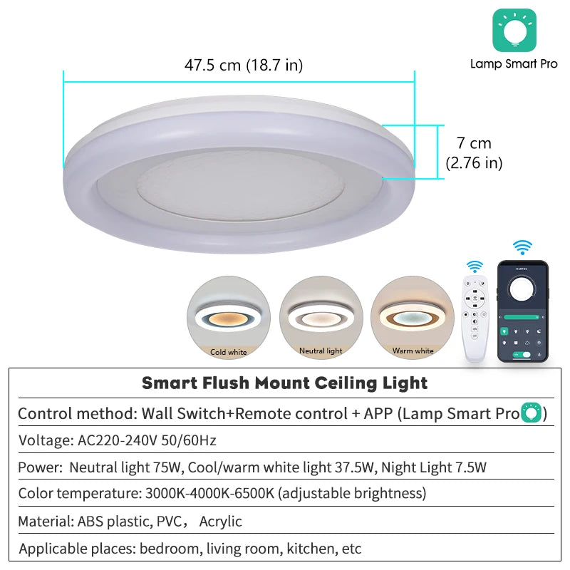 Modern Round Smart LED Flush Mount - 75W Dimmable Ceiling Light for Bedroom