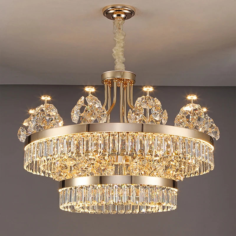 Building Home Atmosphere Living Room Postmodern Light Luxury Double-Layer Crystal Chandelier Villa Building Duplex Pendant Light
