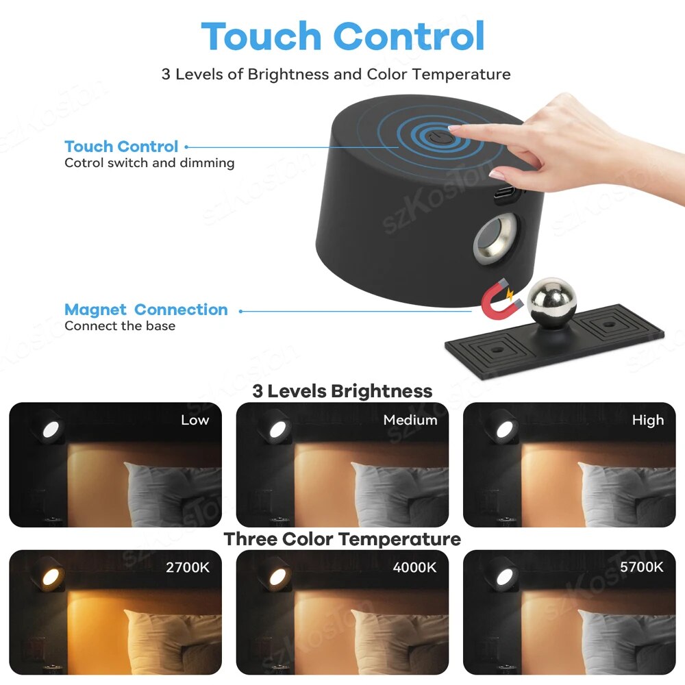 LED Wall Light 360 Rotate Rechargeable Wall Mounted Sconce Lamps Modern Nordic Luminaire Indoor Decor Cordless Wall Light