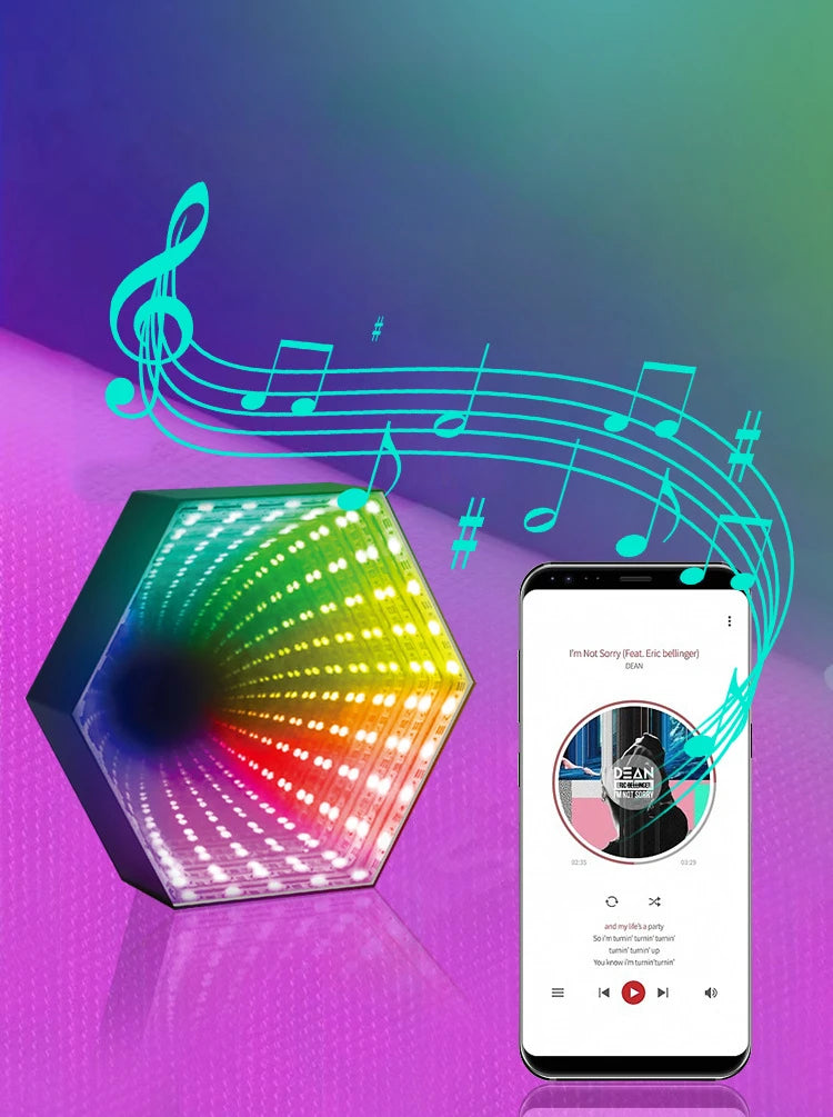 RGB 3D Hexagonal Mirror Tunnel Light LED Desktop Ambient Lamp Compute Game Music Rhythm Sync Pickup Lights Room Decoration