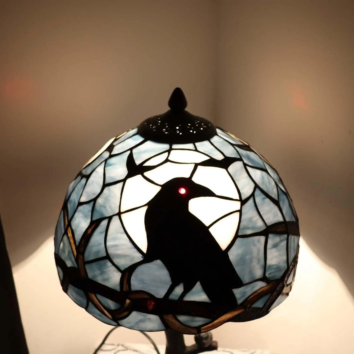 Raven Moon Stained Glass Table Lamp - 20" Gothic Night Light (Dark Blue)