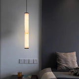 Cylindrical Natural Marble Chandelier Black Brass 3000K Indoor Bedroom Parlor Pendant Lamp Cord Adjustable