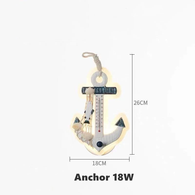 Mediterranean Style Wall Lamp Rudder Boy Children Room Anchor Decoration Bedside Light 27W LED Acrylic Wood Cartoon Sconce Light
