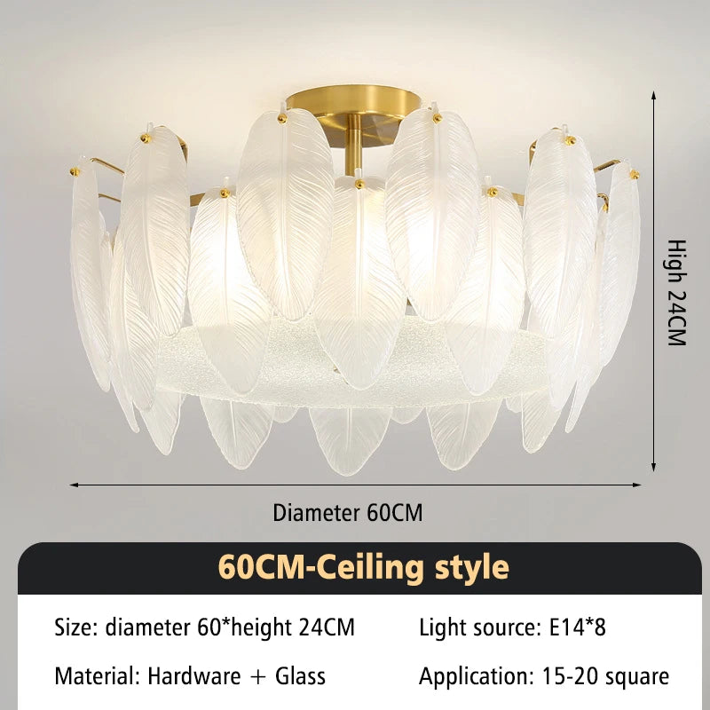 Modern Luxury Glass Feather Chandelier Lighting Lustre Suspension Luminaire Lamp for Living Dining Bedroom Kitchen Home Decor