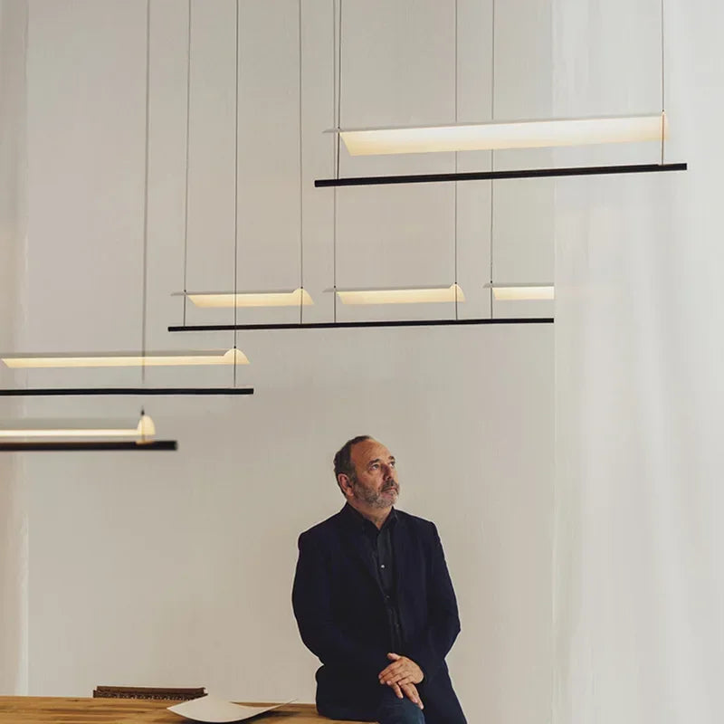 Nordic Minimalist LED Linear Pendant Light - Modern Industrial Hanging Chandelier for Dining Room, Kitchen Island, Bar & Office