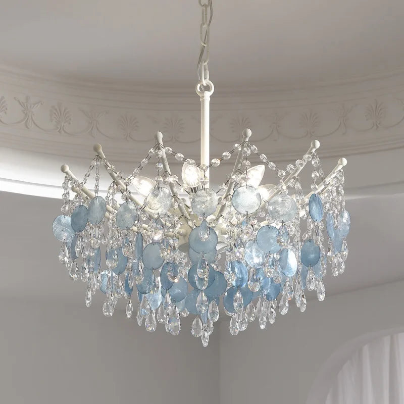 French K9 Crystal Chandelier Luxury Vintage Blue/White Natural Shell Pendant Light for Romantic Villa Living Dining Room Bedroom