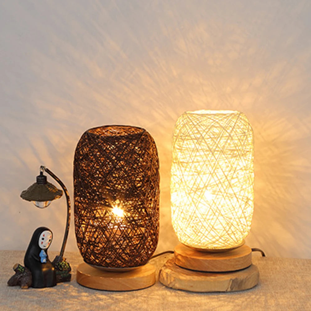Led Night Light Wooden Rattan Twine Table Lamps Dimmable Light Desk Lights Home Art For Power Bank Bedroom Bedside Decoration