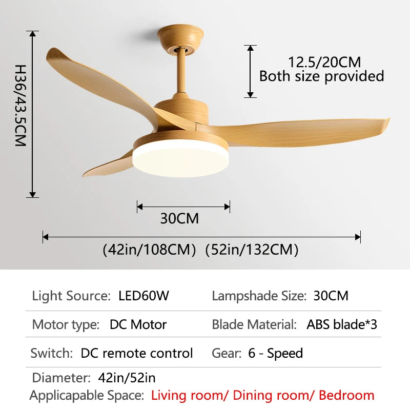 52Inch 3 ABS Blade DC 35W Pure Copper Motor Ceiling Fan With 60W LED Light Support Remote Control Strong winds Electric fans