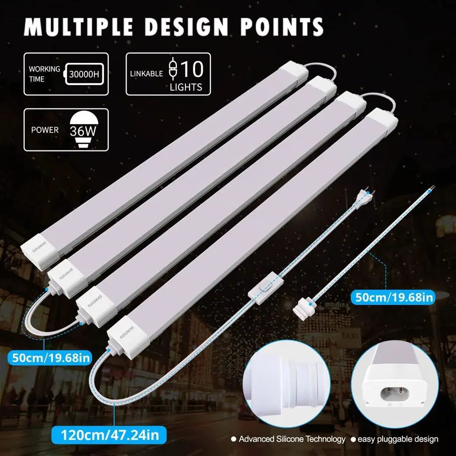 Utility LED Shop Lights Fixture with Plug 4FT 5000K 36W 3600LM Linkable Waterproof Closet Light Under Cabinet Light Ceiling Tube