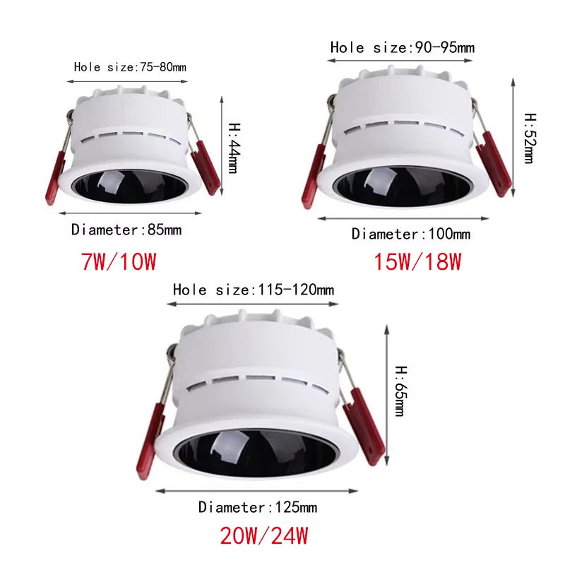 Dimmable Anti Glare Recessed Led COB Ceiling Downlight Lamp 7W 10W 15W 18W 24W Spot Light Fixtures Indoor Home Lighting