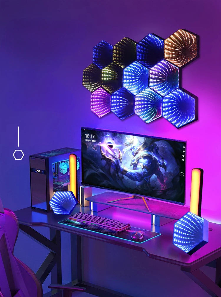 RGB 3D Hexagonal Mirror Tunnel Light LED Desktop Ambient Lamp Compute Game Music Rhythm Sync Pickup Lights Room Decoration
