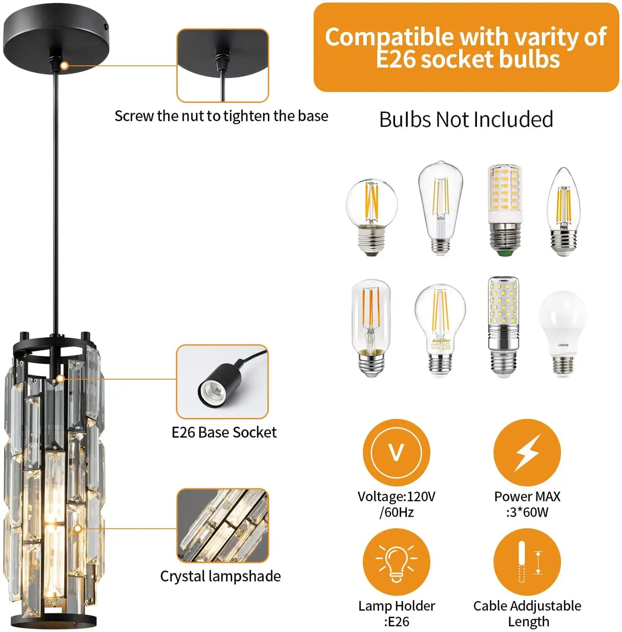 Modern Pendant Light Mini Crystal Chandeliers Adjustable Fixture for Kitchen Island Dinning Room Bedroom Black Chrome 3-Light