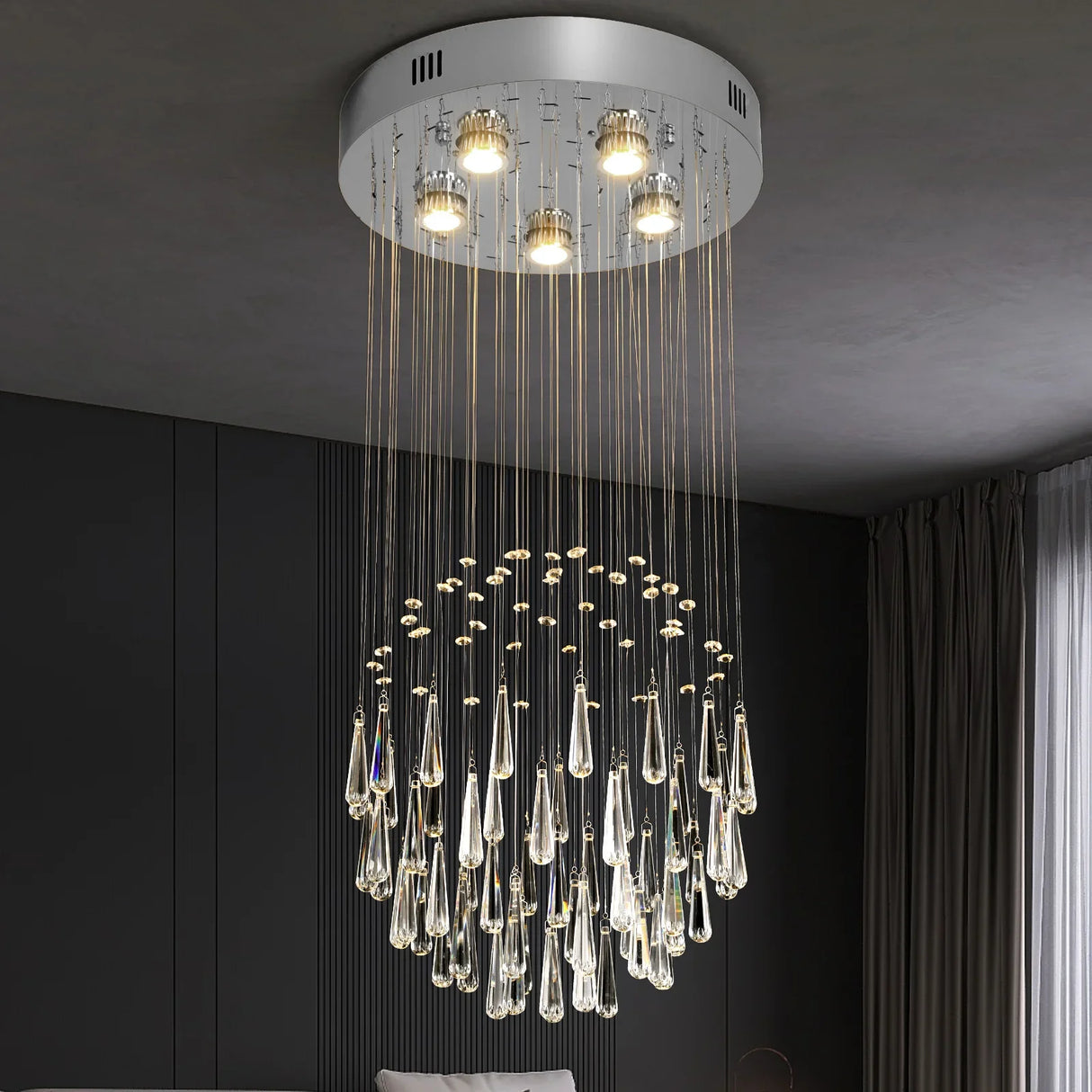 Crystal Droplight Led Pendant Light Modern Loft Stairs Chandelier Hanging Lustre Ceiling Lamp Home Appliance Decor Fixture