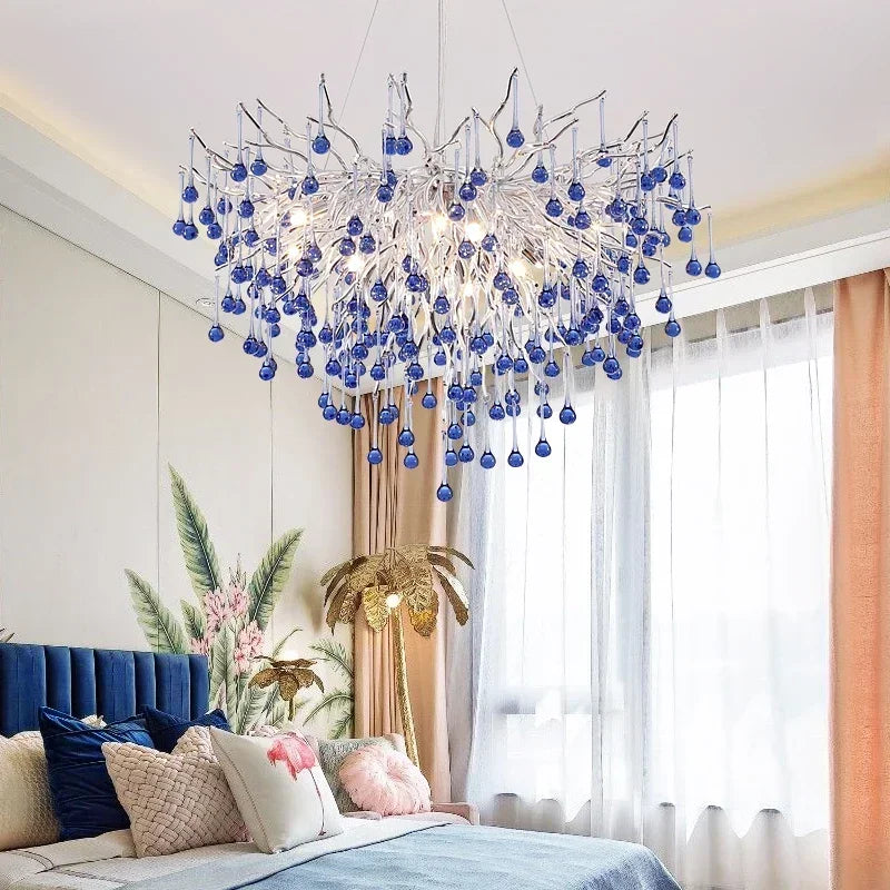 Light luxury living room pendant light creative girl pink branch shaped hall pendant branch water droplet restaurant